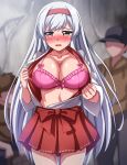  1girl 2boys absurdres blurry blurry_background blush bra breasts brown_eyes cleavage commission cowboy_shot embarrassed frilled_bra frills hairband hakama hakama_short_skirt hakama_skirt highres japanese_clothes kantai_collection large_breasts long_hair looking_at_viewer multiple_boys nose_blush open_mouth pink_bra red_hairband red_hakama shoukaku_(kancolle) skirt solo_focus underwear white_hair zanntetu 