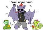  anthro bottomwear candy celebration chiropteran clothed clothing confetti dancing dessert dog_tags english_text ev_(character) ev_htf_(artist) eyewear flippy_(htf) food fur green_body green_fur group happy_birthday happy_tree_friends hat headgear headwear male mammal membrane_(anatomy) membranous_wings military_beret military_clothing noisemaker nutty_(htf) off_shoulder party party_hat party_horn purple_body purple_fur rodent sciurid shorts simple_background sleeveless_hoodie sunglasses text tree_squirrel ursid wings 