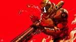  1boy black_gloves doom_(series) doom_eternal doomguy english_commentary excharny gloves gun helmet highres holding holding_gun holding_weapon limited_palette looking_down male_focus power_armor red_background reloading science_fiction shotgun shotgun_shell shoulder_cannon smoke solo weapon 