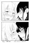  2girls blush commentary_request dated ear_piercing eyebrows_visible_through_hair greyscale half-closed_eyes heavy_breathing highres imminent_kiss monochrome multiple_girls original parted_lips piercing teeth tongue translation_request upper_teeth yui_7 yuri 