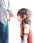  2girls absurdres bare_shoulders bloom blurry brown_hair commentary_request depth_of_field detached_sleeves finger_in_another&#039;s_mouth hakurei_reimu highres kneeling kochiya_sanae long_hair lower_body masochism mokutan_(link_machine) multiple_girls red_eyes saliva saliva_trail simple_background solo_focus standing touhou white_background wide_sleeves yuri 