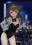  1girl absurdres ahoge alternate_costume animal_ears arm_behind_back black_bow black_bowtie black_leotard bow bowtie breasts brown_hair cityscape cleavage commentary_request cowboy_shot detached_collar double_bun drink full_moon highres kantai_collection kongou_(kancolle) leotard long_hair looking_at_viewer medium_breasts moon night orangemilk playboy_bunny purple_eyes rabbit_ears rabbit_tail solo strapless strapless_leotard tail thighhighs tokyo_tower tray white_legwear wrist_cuffs 