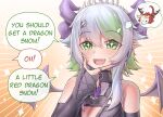  1girl blush breasts bsapricot_(vtuber) cleavage fang green_eyes green_hair grey_hair highres horns hungrydurp large_breasts long_hair multicolored_hair open_mouth pointy_ears purple_nails smile snom sparkling_eyes speech_bubble thought_bubble virtual_youtuber vshojo wings 
