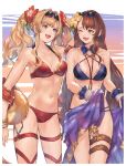  2girls :d ;d asymmetrical_bangs ball bangs beachball beatrix_(granblue_fantasy) bikini blonde_hair blue-framed_eyewear blue_eyes border bracelet braid breasts brown_eyes brown_hair cleavage collarbone cowboy_shot criss-cross_halter detached_collar earrings eye_contact eyewear_on_head flower granblue_fantasy groin hair_flower hair_ornament halterneck hibiscus highres holding holding_ball jewelry long_hair looking_at_another lowleg lowleg_bikini medium_breasts multi-strapped_bikini multiple_girls o-ring o-ring_bikini one_eye_closed purple_bikini red-framed_eyewear red_bikini red_flower red_ribbon ribbon sarong semi-rimless_eyewear shimatani_azu shiny shiny_hair side-tie_bikini smile standing sunglasses swimsuit thigh_gap thigh_ribbon thigh_strap twintails under-rim_eyewear very_long_hair white_border yellow_flower zeta_(granblue_fantasy) 