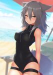  1girl animal_ears arknights arms_behind_back bangs bare_shoulders beach black_swimsuit blurry blurry_background blush breasts brown_hair cameltoe casual_one-piece_swimsuit chromatic_aberration closed_mouth covered_navel covered_nipples cowboy_shot day depth_of_field eyebrows_visible_through_hair hair_between_eyes highres large_breasts long_hair looking_at_viewer ocean ochako_(kemomimiochanu) official_alternate_costume one-piece_swimsuit outdoors projekt_red_(arknights) projekt_red_(light_breeze)_(arknights) skindentation solo swimsuit table tail wolf_ears wolf_girl wolf_tail yellow_eyes 