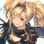  1girl ;p black_gloves blonde_hair blue_eyes braid breasts cleavage elbow_gloves gloves granblue_fantasy hair_intakes hairband highres large_breasts long_hair one_eye_closed purple_hairband shimatani_azu solo tongue tongue_out twintails upper_body zeta_(granblue_fantasy) 