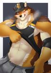  abs anthro barrel_(live-a-hero) blush bulge canid canine canis clothed clothing clothing_lift hat headgear headwear hi_res ioenami88 lifewonders live-a-hero male mammal muscular muscular_anthro muscular_male naughty_face shirt shirt_lift solo tank_top topwear video_games wolf 