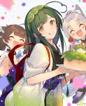  3girls :p ^_^ ahoge animal_ear_fluff animal_ears bangs birthday blush blush_stickers brown_hair cake candle closed_eyes commentary_request confetti eyebrows_visible_through_hair food fox_ears fox_girl green_hair green_hairband grey_hair hair_bobbles hair_ornament hairband happy_birthday headgear highres holding japanese_clothes multiple_girls muneate open_mouth orange_eyes party_popper pea_pod polka_dot polka_dot_background shirinda_fureiru short_hair short_twintails simple_background smile sparkle tasuki tongue tongue_out touhoku_itako touhoku_kiritan touhoku_zunko twintails upper_body voiceroid wide_sleeves 