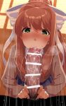  1girl absurdres blazer blue_skirt blush bow brown_hair brown_jacket censored doki_doki_literature_club fellatio from_above green_eyes hair_between_eyes hair_intakes heart heart-shaped_pupils highres indoors jacket large_penis long_hair mizumizuni monika_(doki_doki_literature_club) motion_lines oral penis ponytail pov ribbon saliva school_uniform sidelocks skirt sucking symbol-shaped_pupils white_bow window_shade wooden_floor 