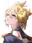  1girl bare_shoulders blonde_hair eyebrows_behind_hair from_side gold gold_trim hair_between_eyes highres light_smile looking_up mask mask_on_head new_mask_of_hope off_shoulder parted_lips pointy_hair short_hair simple_background solo touhou toyosatomimi_no_miko tsune_(tune) white_background yellow_eyes 
