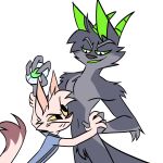  2020 angry anthro canid canine clothing duo eyebrows fight fox fur green_ears green_eyes grey_body grey_fur hand_holding hi_res horn jaybeyyy male male/male mammal raised_eyebrow shirt simple_background topwear white_background white_body white_fur 