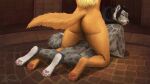  anthro black_hair blonde_hair blue_eyes breasts brick_floor butt canid canine canis duo fangs felid floor_sex fur grey_body grey_fur gynomorph gynomorph/gynomorph hair hi_res intersex intersex/intersex jackal kneeling long_hair looking_back lying mammal on_front on_ground outside pantherine pawpads paws pink_nose pink_pawpads ponytail rosettes sabertooth_(anatomy) side_boob snow_leopard spots whiskers yellow_body yellow_fur zimabel 