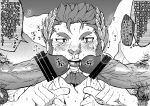  3boys bar_censor bara blush censored claude_(housamo) erection facial_hair fellatio goatee greyscale group_sex hand_on_another&#039;s_head laurel_crown letusbeats licking licking_penis long_sideburns looking_at_viewer male_focus male_pubic_hair mature_male mmm_threesome monochrome multiple_boys nose_blush oral out_of_frame penis precum pubic_hair short_hair sideburns solo_focus thick_eyebrows threesome tokyo_afterschool_summoners tongue tongue_out translation_request upper_body veins veiny_penis yaoi 