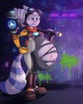  2022 anthro belly big_belly blue_eyes boots clothing dialogue digestion digestion_noises eyewear eyewear_on_head female footwear goggles goggles_on_head hammer lombax mammal metal_arm navel outie_navel ratchet_and_clank rhysscribbles rivet_(ratchet_and_clank) scarf solo sony_corporation sony_interactive_entertainment speech_bubble standing suit tools torn_clothing video_games vore 