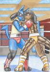  2017 absurd_res anthro armando_(dcheese) black_hair blue_body blue_fur blush boxing boxing_gloves brown_body brown_eyes brown_fur brown_scales butt clothed clothing dcheese duo fighting_ring footwear fur hair handwear hi_res inside lucario male mammal mouthguard nintendo pangolin pok&eacute;mon pok&eacute;mon_(species) ponytail red_eyes scales sport toeless_footwear topless traditional_media_(artwork) video_games yellow_body yellow_fur 