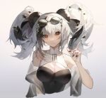  animal_ears arknights bangs bare_shoulders black_hair black_nails breasts brown_eyes cleavage cleavage_cutout clothing_cutout commentary_request cropped_torso dress eyewear_on_head feater_(arknights) gradient gradient_background grey_background hand_up highres index_finger_raised laoxianyua large_breasts long_hair looking_at_viewer nail_polish panda_ears shawl silver_hair sleeveless sleeveless_dress smile sunglasses twintails upper_body 