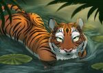  2022 anthro bathing detailed_background felid female jungle lily_pad looking_at_viewer mammal nude pantherine partially_submerged patreon plant solo tiger water watermark wet whiskers yoko_darkpaw 