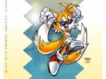  2006 2_tails anthro canid canine clothing edtropolis eyewear footwear fox fur gloves handwear jumping looking_at_viewer male mammal miles_prower multi_tail one_leg_up open_mouth raised_arms raised_leg sega shoes solo sonic_the_hedgehog_(series) sunglasses yellow_body yellow_fur 