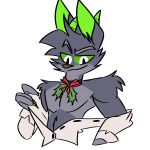  2020 anthro brown_nose canid canine christmas claws clothing eyebrows fox fur green_claws green_ears green_eyes grey_body grey_fur hi_res holidays horn jaybeyyy male mammal mistletoe plant raised_eyebrow simple_background smile smirk solo suit undressing white_background 