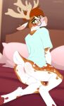  anthro antlers anus balls bed bedroom_eyes blush butt capreoline cervid clothing dallas_(gingersnaps) dripponi ear_piercing eyewear furniture genitals glasses hi_res horn looking_at_viewer looking_back male mammal narrowed_eyes piercing presenting raised_tail seductive shirt solo topwear white-tailed_deer 