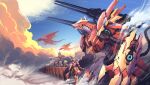  1girl 6+boys blue_eyes bodysuit braid cloud commission dragon english_commentary flag flying ground_vehicle highres knight long_hair mecha military military_vehicle motor_vehicle multiple_boys mystic-san original red_bodysuit sharp_teeth shoulder_cannon sky tank teeth very_long_hair wings 