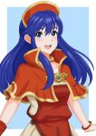  1girl blue_eyes blue_hair collarbone fire_emblem fire_emblem:_the_binding_blade fire_emblem_heroes hair_between_eyes lilina_(fire_emblem) miven open_mouth red_headwear simple_background smile upper_body 