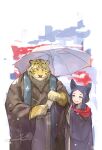  1boy 1girl :d animal_ear_fluff animal_ears bangs black_hair black_kimono blue_eyes blush forehead furry furry_male grey_hakama hakama hakama_skirt highres japanese_clothes kimono long_sleeves original parted_bangs red_scarf scarf skirt smile tiger umbrella white_umbrella wide_sleeves yellow_eyes yunar 