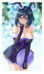  1girl animal_ears bangs bare_shoulders black_gloves blue_eyes blue_hair blurry blush bob_cut bokeh border bow breasts cleavage closed_mouth collarbone commentary cowboy_shot depth_of_field detached_sleeves eishin_flash_(umamusume) elbow_gloves fake_animal_ears frilled_skirt frills gloves gold_trim hair_between_eyes hand_up highres holding holding_tray horse_girl large_breasts looking_away medium_hair playboy_bunny purple_bow shiny shiny_skin shy skirt solo suuitchi tray umamusume wavy_mouth white_border 
