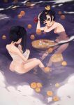  2girls ass black_hair blush breasts cleavage eyebrows hair_ornament hairclip highres large_breasts long_hair looking_at_another looking_at_viewer multiple_girls naked_towel open_mouth original rubber_duck short_hair smile soar towel 