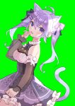  1girl absurdres ahoge animal_ear_fluff animal_ears black_bow blue_eyes blue_hair bodice bow cat_ears cat_girl cat_tail clenched_hand colored_inner_hair detached_sleeves green_background gukurosawa01 hair_bow highres kemonomimi_mode looking_at_viewer multicolored_hair nijisanji nijisanji_kr nun_bora purple_bow purple_hair purple_skirt skirt solo tail twintails virtual_youtuber 