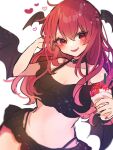  1girl :d alternate_costume bangs bare_shoulders bikini black_bikini black_choker blurry breasts chikuwa_(tikuwaumai_) choker cleavage collarbone commentary_request crop_top cup depth_of_field drinking_straw eyebrows_visible_through_hair food frappuccino fruit hair_between_eyes hand_in_hair hand_up head_wings heart heart_choker highres holding holding_cup koakuma large_breasts long_hair looking_at_viewer multicolored_nails nail_polish no_navel off-shoulder_bikini off_shoulder red_eyes red_hair simple_background smile solo strawberry swimsuit touhou upper_body white_background 