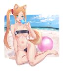  1girl absurdres animal_ears ball bangs beachball breasts cleavage cloud dog_ears dog_girl dog_tail english_commentary fran_(gudanco_(nyanmeowzer)) gris_swimsuit gudanco_(nyanmeowzer) hair_behind_ear highres island meme_attire off-shoulder_one-piece_swimsuit off_shoulder one-piece_swimsuit original palm_tree parted_bangs side_ponytail sky smile solo swimsuit tail tree 