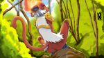  accessory anthro blue_eyes crouching female fire forest gold_(metal) headband headgear infernape looking_at_viewer looking_back nahadon nintendo plant pok&eacute;mon pok&eacute;mon_(species) raised_tail tree video_games yellow_sclera 