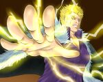  1boy bara blonde_hair fairy_tail fighting_stance foreshortening highres large_pectorals laxus_dreyar lightning looking_at_viewer male_focus miway_(mmmmm_iway) muscular muscular_male pectoral_cleavage pectorals purple_shirt shirt short_hair sideburns solo tattoo upper_body 