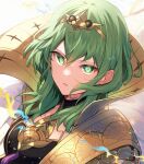  1girl alternate_hair_color black_coat byleth_(fire_emblem) byleth_(fire_emblem)_(female) close-up coat enlightened_byleth_(female) fire_emblem fire_emblem:_three_houses fire_emblem_heroes green_eyes green_hair highres looking_at_viewer medium_hair nakabayashi_zun open_mouth portrait simple_background solo tiara 