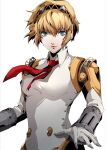  1girl aegis_(persona) android bangs blonde_hair blue_eyes bow bowtie breasts hairband highres joints lips looking_at_viewer necktie persona persona_3 pertex_777 red_necktie red_neckwear robot robot_joints short_hair simple_background solo white_background 