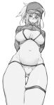  10mo 1girl ahoge arms_behind_back artoria_pendragon_(fate) baseball_cap bikini blush breasts cleavage cropped_jacket fate/grand_order fate_(series) greyscale hair_between_eyes hair_through_headwear hat highres large_breasts long_hair long_sleeves looking_at_viewer monochrome mysterious_heroine_xx_(fate) navel ponytail shrug_(clothing) sidelocks skindentation solo swimsuit thigh_strap thighs wristband 