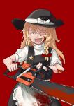  1girl absurdres apron bangs black_headwear black_skirt black_vest blonde_hair blood blood_on_clothes blood_on_face blood_on_weapon bow braid chainsaw commentary cookie_(touhou) cowboy_shot eyebrows_visible_through_hair frilled_apron frills hair_bow hat hat_bow highres holding holding_chainsaw kirisame_marisa kto_znaet long_hair looking_at_viewer one_eye_closed open_mouth puffy_short_sleeves puffy_sleeves red_background red_bow red_eyes shirt short_sleeves side_braid simple_background single_braid skirt smile solo star_(symbol) suzu_(cookie) touhou vest waist_apron weapon white_apron white_shirt witch_hat 