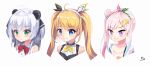  3girls airani_iofifteen blonde_hair blue_hair blush chiwa_(pandaclip) collarbone collared_shirt english_commentary eyebrows_visible_through_hair gradient_hair grey_hair headset highres hololive hololive_indonesia multicolored_hair multiple_girls mystic-san neck_ribbon nijisanji nijisanji_id off-shoulder_shirt off_shoulder pandaclip:_the_black_thief pink_hair portrait ribbon shirt side_bun side_ponytail sleeveless sleeveless_shirt smile twintails virtual_youtuber white_shirt yellow_ribbon zea_cornelia 