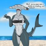  5_fingers anthro arms_bent beach big_breasts biped breast_squish breasts cayugo cleavage clothed clothing cloud collarbone countershade_neck countershade_tail countershade_torso countershading day eyelashes female fin fingers fish grey_body gris_swimsuit ground_shark hammerhead_shark hand_behind_back hi_res looking_at_viewer marine meme meme_clothing multicolored_body muscular muscular_anthro muscular_female navel non-mammal_breasts one-piece_swimsuit one_hand_up open_mouth outside palm_up raised_arm raised_hand sand seaside shark sharp_teeth sky solo squish sunny swimwear tail_fin teeth text tongue translucent translucent_clothing translucent_swimwear under_boob water white_body wide_hips 
