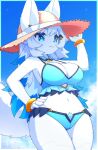  anthro bikini blue_bikini blue_clothing blue_eyes blue_swimwear blush border bracelet clothed clothing cloud dev_voxy digital_media_(artwork) female fur hand_on_hip hat headgear headwear jewelry kemono mammal navel outside portrait shaded smile soft_shading solo standing swimwear three-quarter_portrait white_body white_border white_fur 