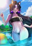  1girl animal_ear_fluff animal_ears artist_name ball bangs beachball black_hair blush breasts brown_eyes cleavage collarbone covered_navel eyeshadow fangs fuumeh gris_swimsuit highres indie_virtual_youtuber long_hair looking_at_viewer looking_down makeup medium_breasts meme_attire noi_(vtuber) ocean one-piece_swimsuit parted_bangs red_eyeshadow solo sun swimsuit very_long_hair virtual_youtuber water 