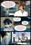  3d_(artwork) anthro black_hair blue_body blue_fur bookshelf brown_body brown_fur canid canine canis comic comic_panel dialogue digital_media_(artwork) door dransvitry english_text female fur furniture hair hi_res male mammal office procyonid raccoon ryder_(striped_sins) speech_bubble striped_sins text url willitfit window wolf 