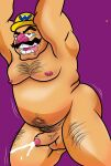  ahegao big_butt bodily_fluids body_hair butt chest_hair clothing cum drooling eric_everyotherheart facial_hair genital_fluids hairy hairy_legs hat headgear headwear hi_res humanoid looking_pleasured male mario_bros mustache nintendo overweight overweight_male pubes saliva slightly_chubby solo text text_on_clothing text_on_hat text_on_headwear tongue tongue_out video_games wario 