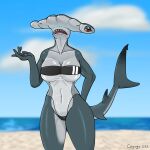  5_fingers anthro arms_bent beach big_breasts biped breast_squish breasts cayugo cleavage clothed clothing cloud collarbone countershade_neck countershade_tail countershade_torso countershading day eyelashes female fin fingers fish grey_body gris_swimsuit ground_shark hammerhead_shark hand_behind_back hi_res looking_at_viewer marine meme meme_clothing multicolored_body muscular muscular_anthro muscular_female navel non-mammal_breasts one-piece_swimsuit one_hand_up open_mouth outside palm_up raised_arm raised_hand sand seaside shark sharp_teeth sky solo squish sunny swimwear tail_fin teeth tongue translucent translucent_clothing translucent_swimwear under_boob water white_body wide_hips 