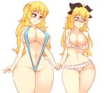  2girls :t arm_behind_back bikini black_ribbon blonde_hair blue_eyes blue_swimsuit blush breasts commentary english_commentary eyebrows_visible_through_hair groin hair_ribbon holding_hands katawa_shoujo large_breasts long_hair looking_at_another looking_away mature_female mole mole_under_eye mother_and_daughter multiple_girls navel nose_blush ponytail pout red_eyes ribbon rtil satou_karla satou_lilly simple_background slingshot_swimsuit smile swimsuit white_background white_bikini 