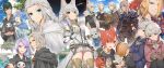  5girls 6+boys akizone alisaie_leveilleur alphinaud_leveilleur animal_ears armor au_ra black_hair black_robe blonde_hair blue_eyes burger cat_ears cloud commentary day elezen elf emet-selch english_commentary estinien_varlineau final_fantasy final_fantasy_xiv flower food g&#039;raha_tia gloves hair_over_one_eye highres holding holding_flower holding_food horns hythlodaeus hyur long_hair meteion miqo&#039;te multiple_boys multiple_girls pointy_ears purple_hair red_hair silver_hair sitting sky smile standing thancred_waters thighs tree urianger_augurelt venat_(ff14) warrior_of_light white_robe y&#039;shtola_rhul zenos_yae_galvus 