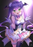  1girl \m/ backlighting blush bow breasts cleavage eyebrows_visible_through_hair green_eyes head_wings highres hololive hololive_idol_uniform idol_clothes long_hair mystic-san purple_hair single_thighhigh small_breasts solo thigh_strap thighhighs tokoyami_towa twintails virtual_youtuber white_bow 