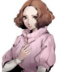  1girl blush brown_eyes brown_hair hand_on_own_chest highres layered_sleeves lips long_sleeves looking_at_viewer okumura_haru open_mouth parted_lips persona persona_5 pertex_777 pink_sweater ribbed_sweater short_hair short_over_long_sleeves short_sleeves simple_background smile solo sweater turtleneck turtleneck_sweater upper_body white_background 