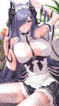 1girl absurdres arm_garter arm_up armpits august_von_parseval_(azur_lane) august_von_parseval_(the_conquered_unhulde)_(azur_lane) azur_lane bare_shoulders between_breasts black_ribbon breasts cleavage cleavage_cutout clothing_cutout dress garter_straps grey_hair hair_over_one_eye hand_up headdress highres horns kyonta large_breasts long_hair looking_at_viewer parted_lips purple_eyes ribbon sleeveless sleeveless_dress solo thighhighs very_long_hair white_dress white_legwear zettai_ryouiki 